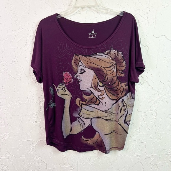 Disney Beauty and The Beat Belle Purple Scoop Neck T-shirt Size Large - Picture 1 of 7